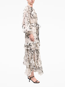 Swan Print Chiffon Belted Maxi Dress
