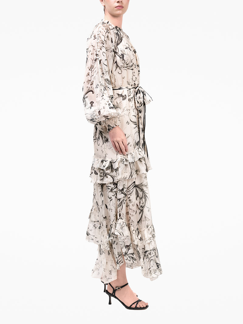 Swan Print Chiffon Ruffle Maxi Dress
