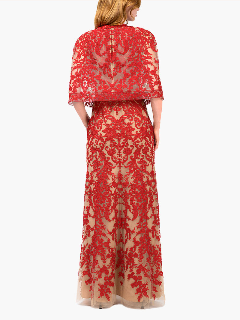 Mirrored Lace Floral Cape Sleeve Gown