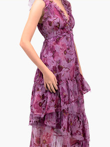 Watercolor Blooms Pleated Chiffon Maxi Dress