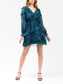 Watercolor Blooms Pleated Long Sleeve Chiffon Mini Dress