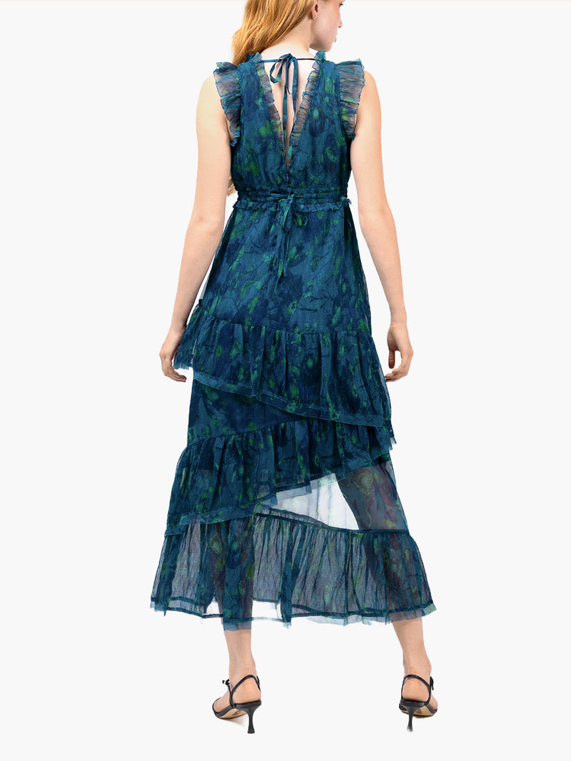 Watercolor Blooms Pleated Chiffon Maxi Dress