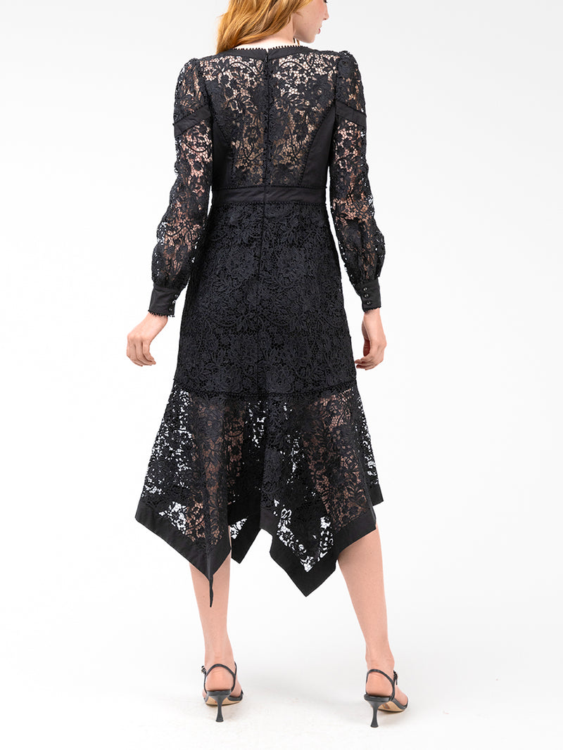 Lace Guipure Handkerchief Midi Dress