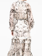 Swan Print Chiffon Belted Maxi Dress