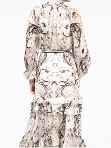 Swan Print Chiffon Belted Maxi Dress