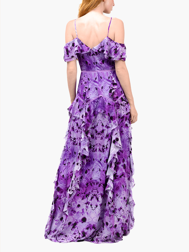 Painterly Print Georgette Off-Shoulder Gown