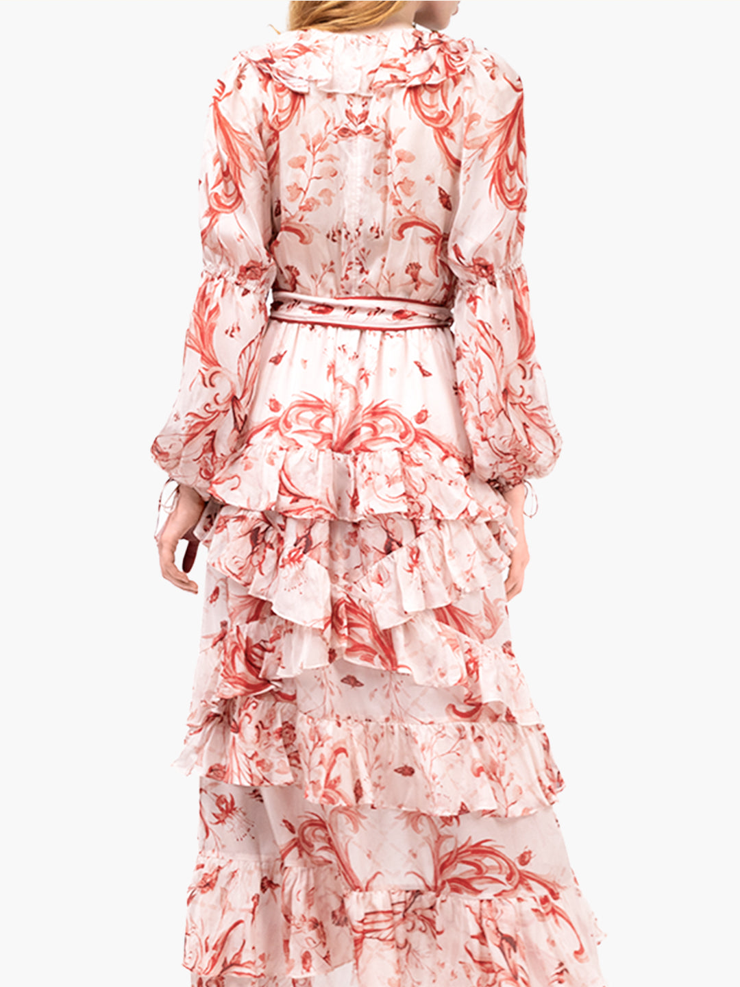 Swan Print Chiffon Ruffle Maxi Dress