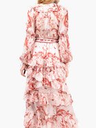 Swan Print Chiffon Ruffle Maxi Dress