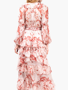Swan Print Chiffon Ruffle Maxi Dress