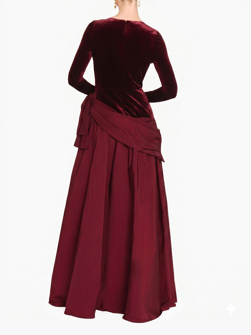 Stretch Velvet Long Sleeve Draped Bow Gown