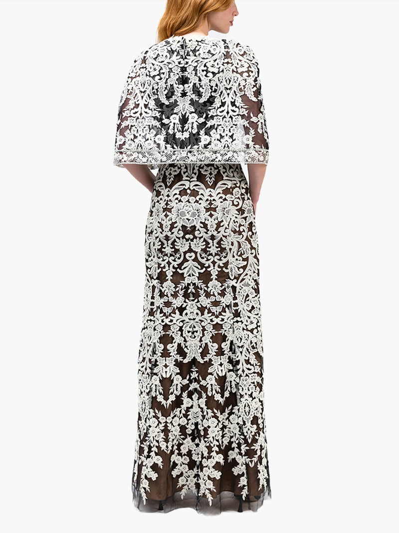 Mirrored Lace Floral Cape Sleeve Gown