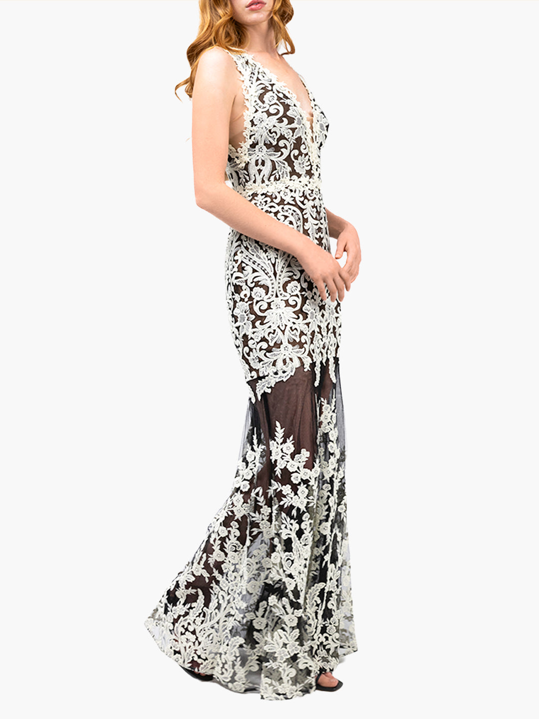 Mirrored Lace Floral Sleeveless Gown | Marchesa