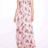 Carrara Floral Chiffon Key-Hole Halter Gown