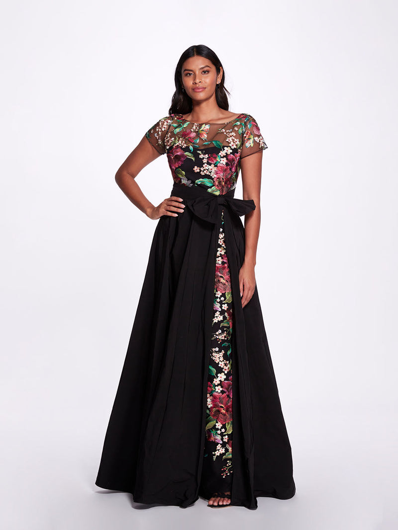 marchesa black dress Illusion Murals Long Sleeve Corset Embellished Cocktail Maxi Dress