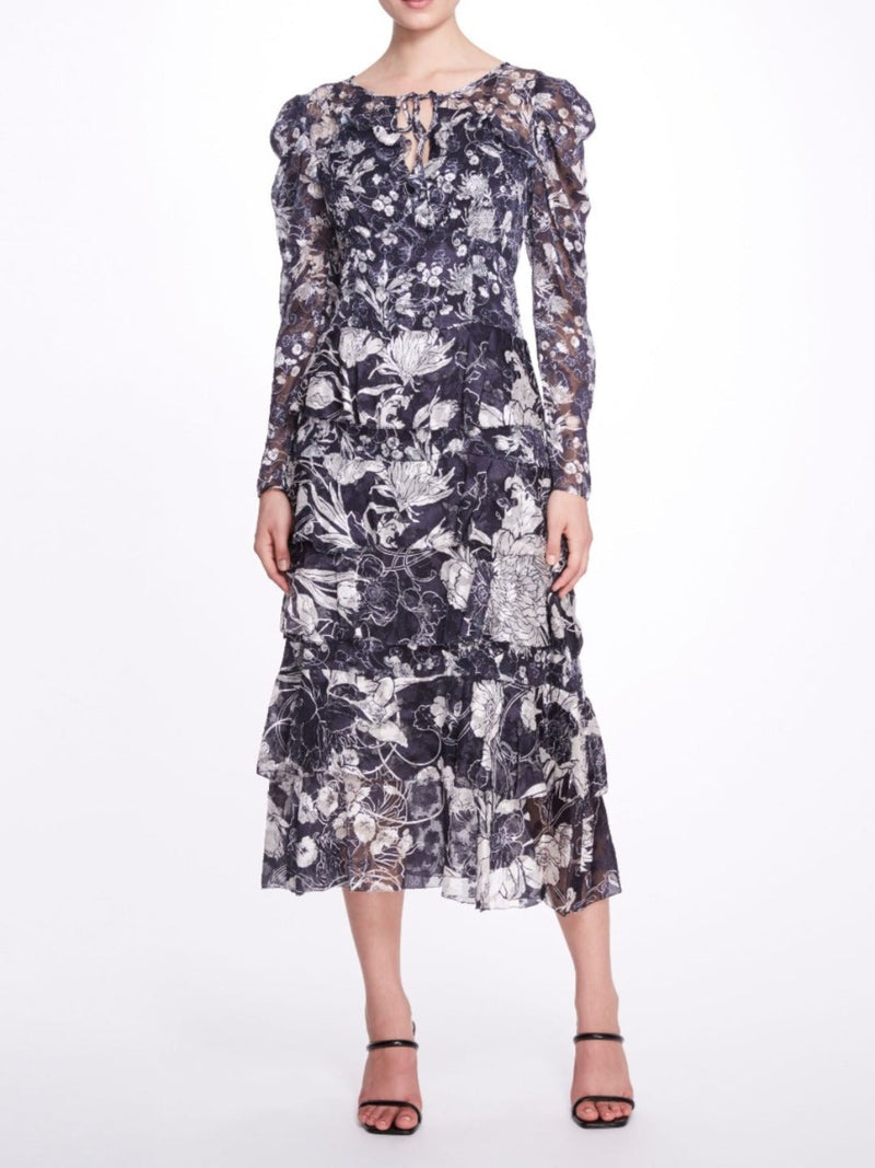 Long-Sleeved Tiered Ruffle Chiffon Maxi Dress Marchesa