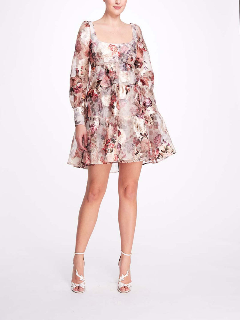 U-neck Smocked Printed Cocktail Dress Marchesa