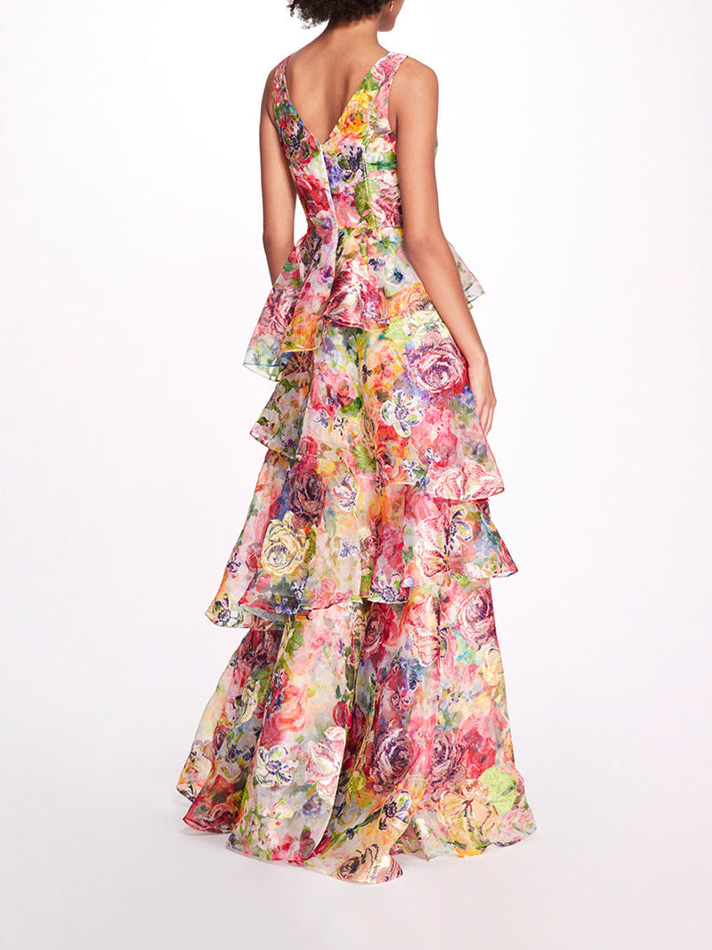 Embroidered Organza V-Neck Gown | Marchesa