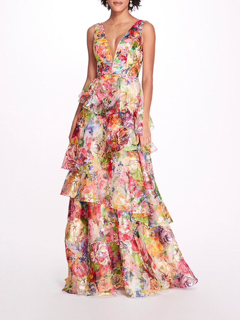 Embroidered Organza V-Neck Gown | Marchesa