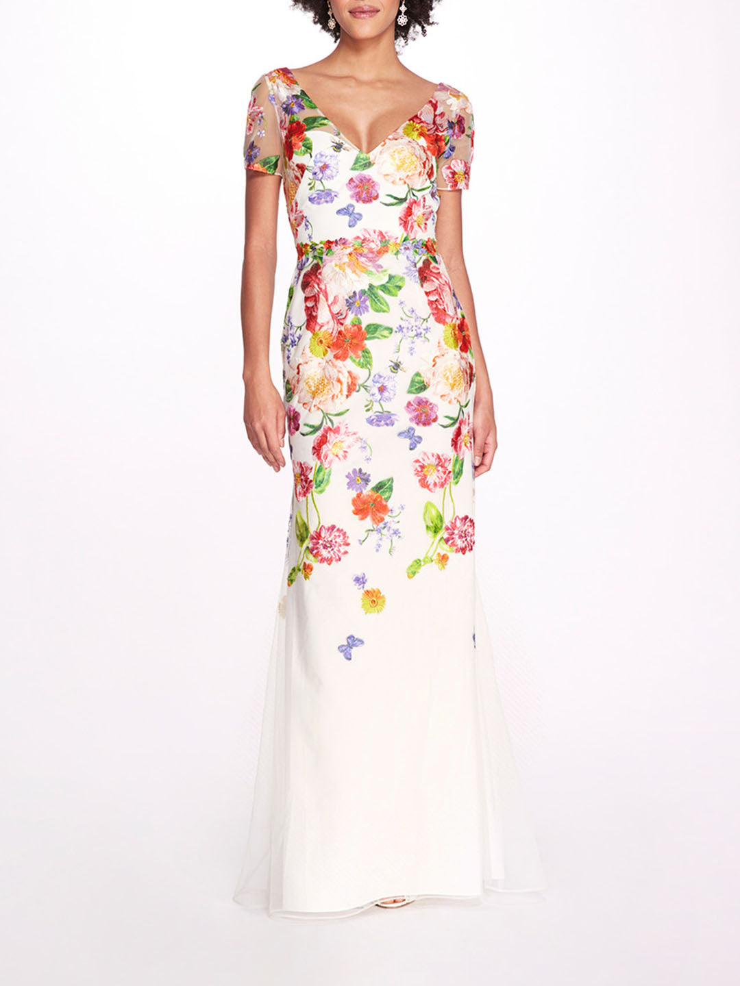 Embroidered Floral V-Neck Short Sleeved Gown | Marchesa