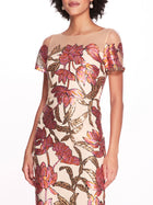 Lotus Sequin Cap-Sleeved Pencil Dress | Marchesa
