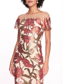 Lotus Sequin Cap-Sleeved Pencil Dress | Marchesa