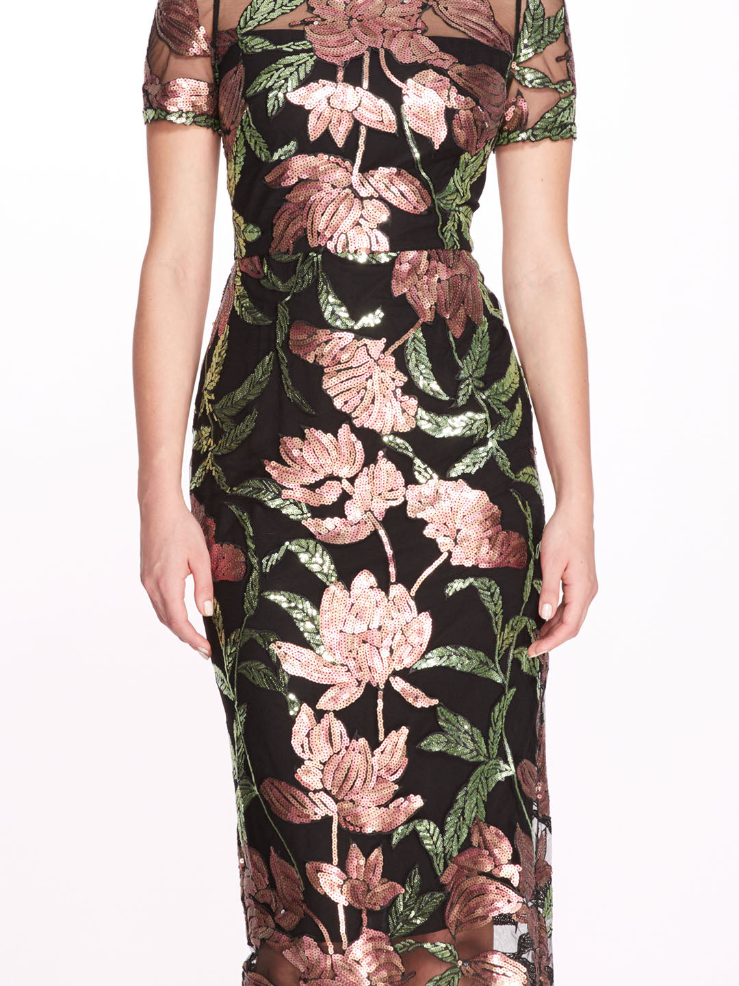 Lotus Sequin Cap-Sleeved Pencil Dress | Marchesa