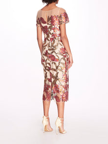 Lotus Sequin Cap-Sleeved Pencil Dress | Marchesa