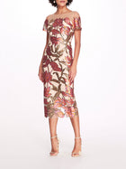 Lotus Sequin Cap-Sleeved Pencil Dress | Marchesa