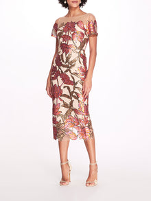 Lotus Sequin Cap-Sleeved Pencil Dress | Marchesa