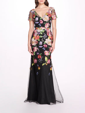 Embroidered Floral V-Neck Short Sleeved Gown | Marchesa