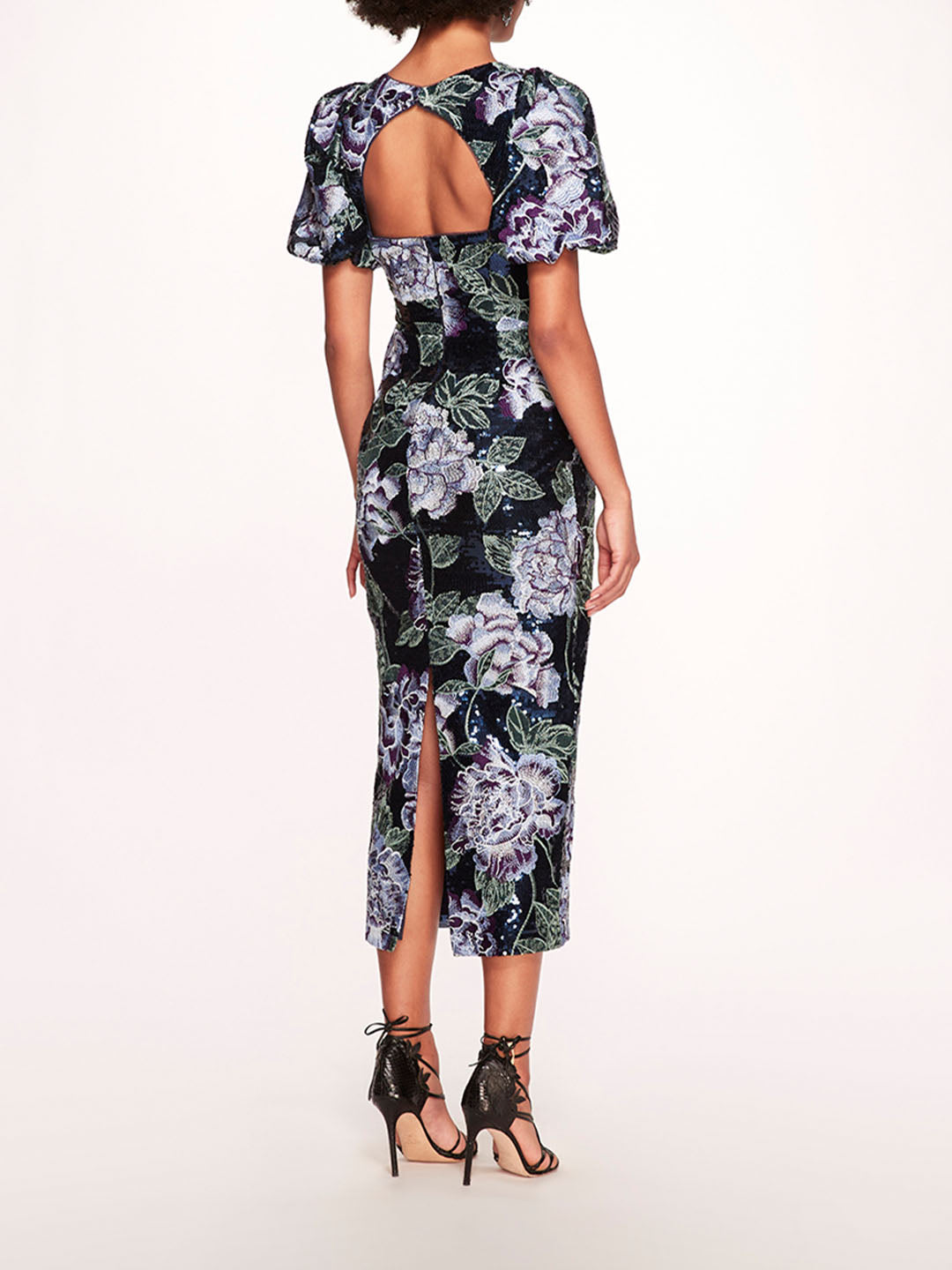 Bubble Sleeve Sequin Midi Dress | Marchesa