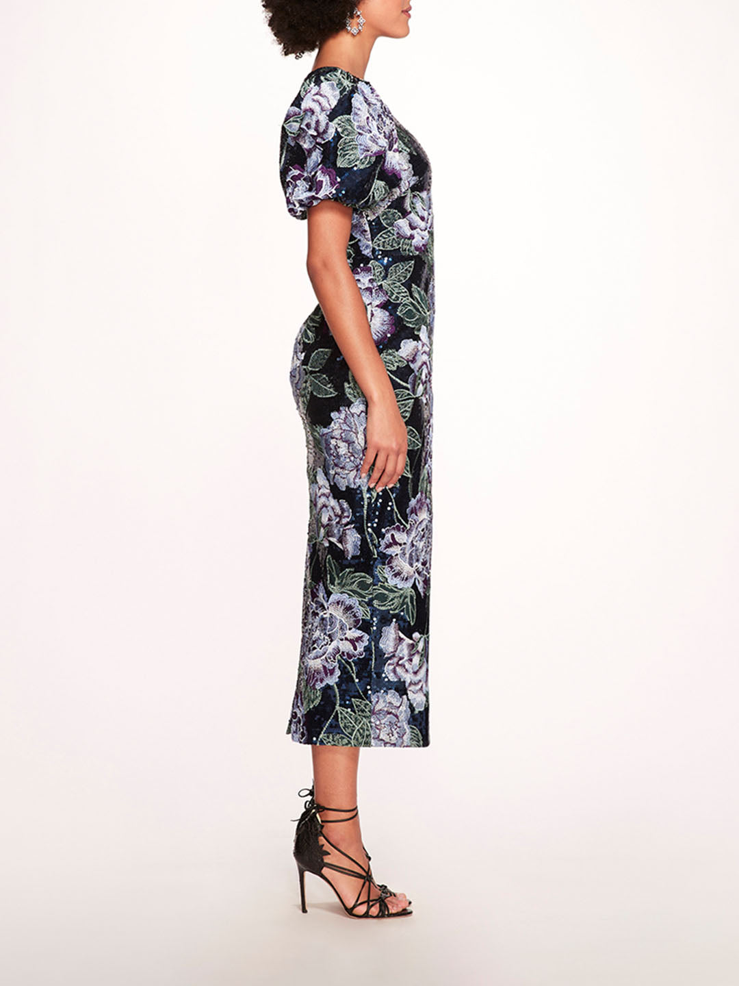 Bubble Sleeve Sequin Midi Dress | Marchesa