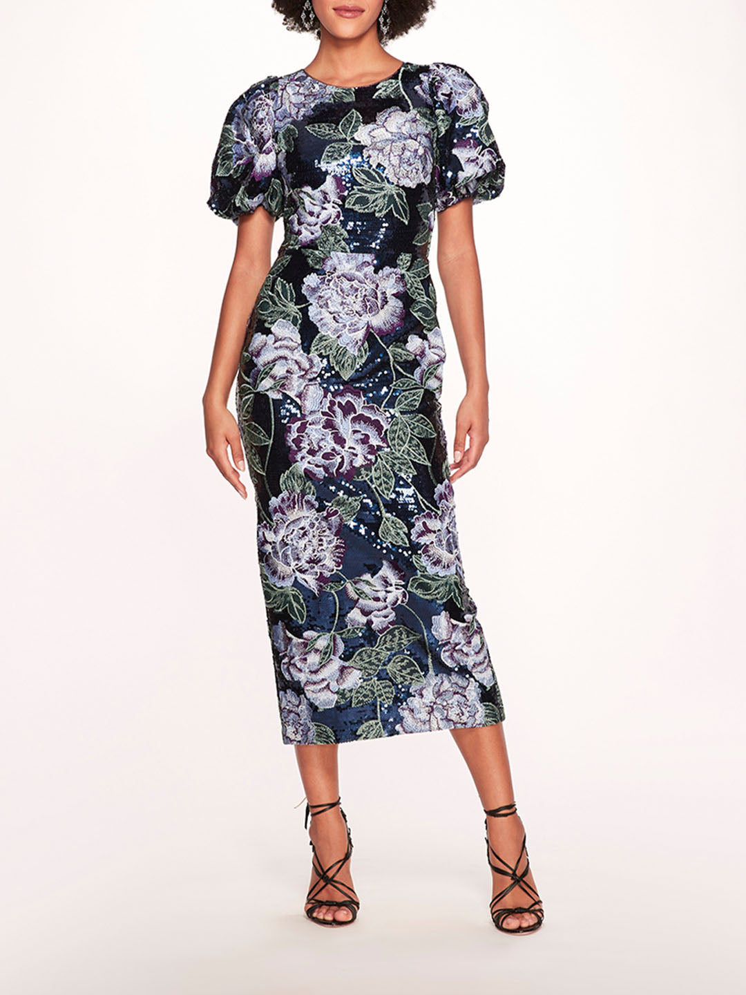 Bubble Sleeve Sequin Midi Dress | Marchesa