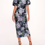Bubble Sleeve Sequin Midi Dress | Marchesa