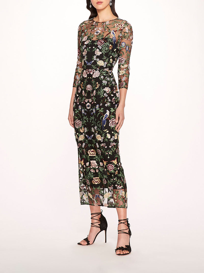 Long Botanical Embroidered Midi Dress | Marchesa