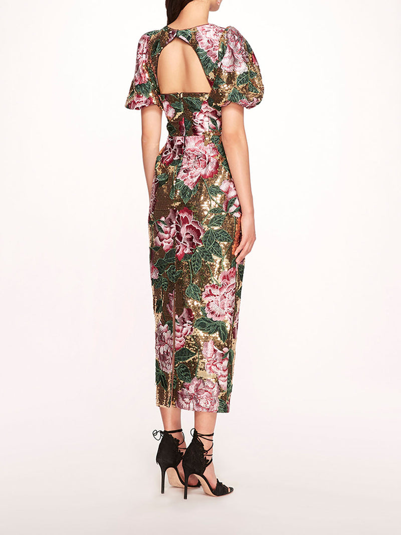 Bubble Sleeve Sequin Midi Dress | Marchesa