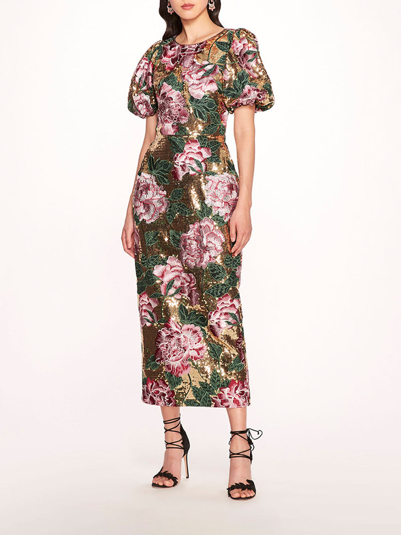 Bubble Sleeve Sequin Midi Dress | Marchesa
