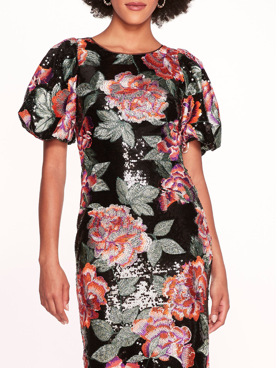 Bubble Sleeve Sequin Midi Dress | Marchesa
