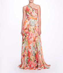 Printed Chiffon Pleated Gown Marchesa