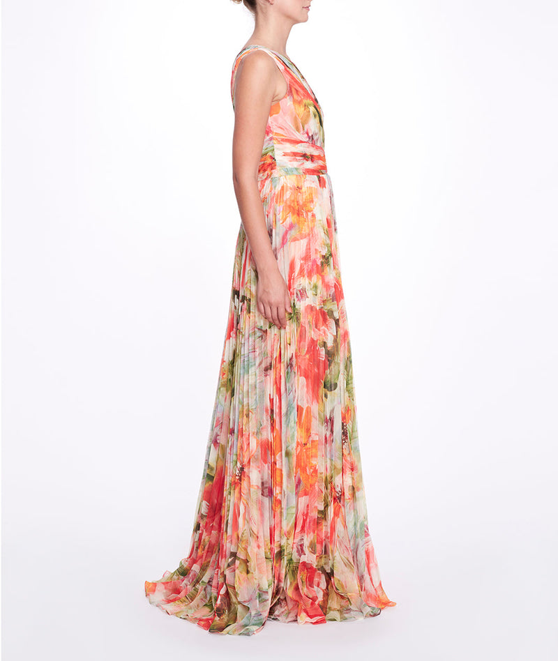Printed Chiffon Pleated Gown Marchesa