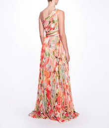Printed Chiffon Pleated Gown Marchesa