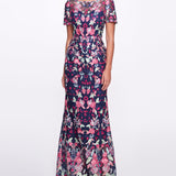 Short Sleeve Embroidered Tulle Gown Marchesa