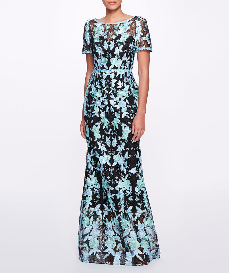 Short Sleeve Embroidered Tulle Gown Marchesa