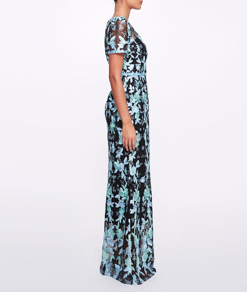 Short Sleeve Embroidered Tulle Gown Marchesa