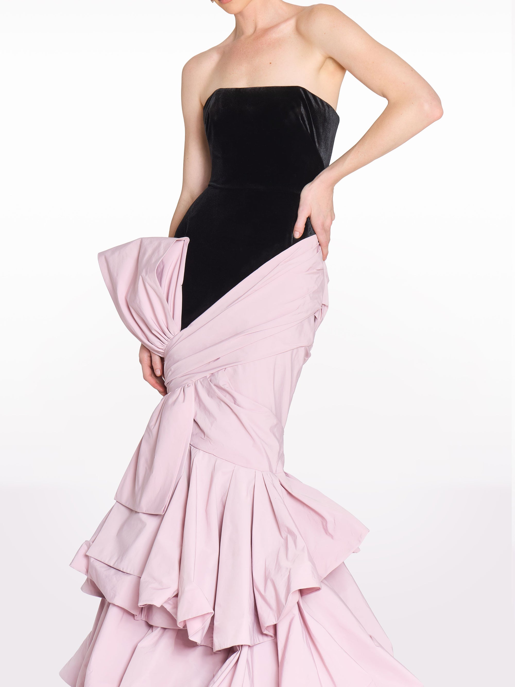Stretch Velvet Strapless Gown With Draped Cotton Structure