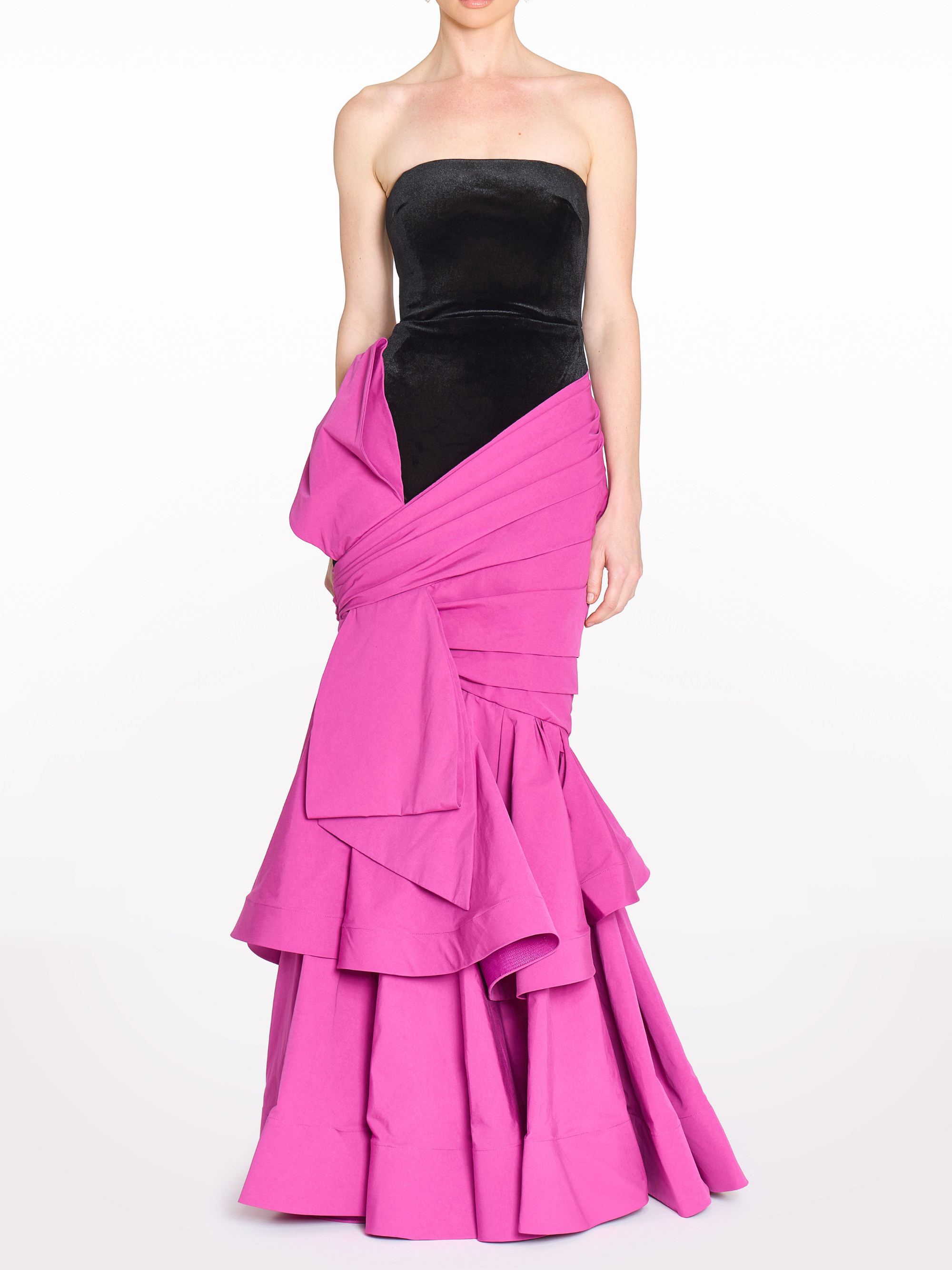 Stretch Velvet Strapless Gown With Draped Cotton Structure - BLACK/FUCHSIA / 16 / N86G4101 Stretch Velvet Strapless Gown With Draped Cotton Structure - BLACK/FUCHSIA / 16 / N86G4101