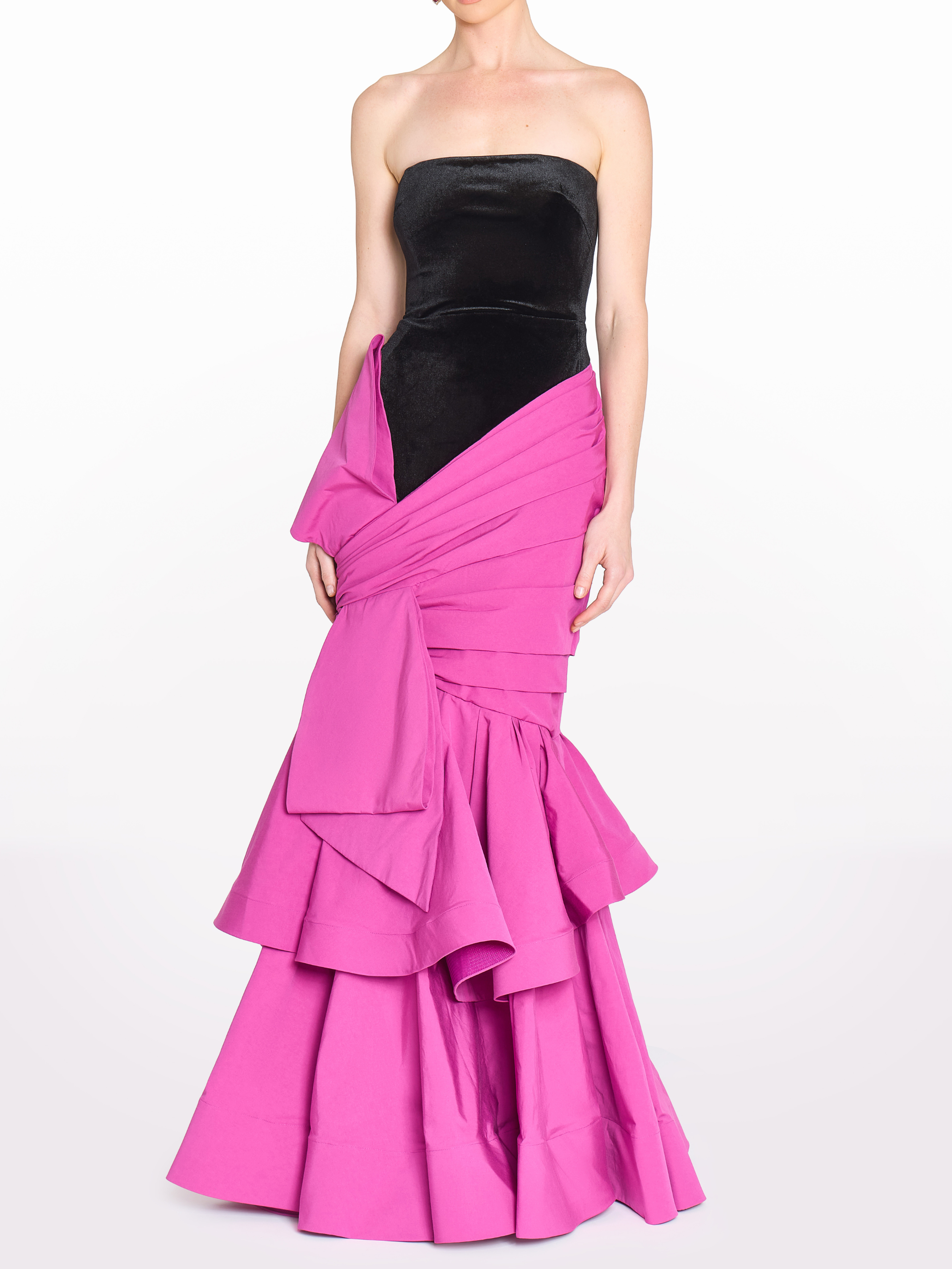 Stretch Velvet Strapless Gown With Draped Cotton Structure