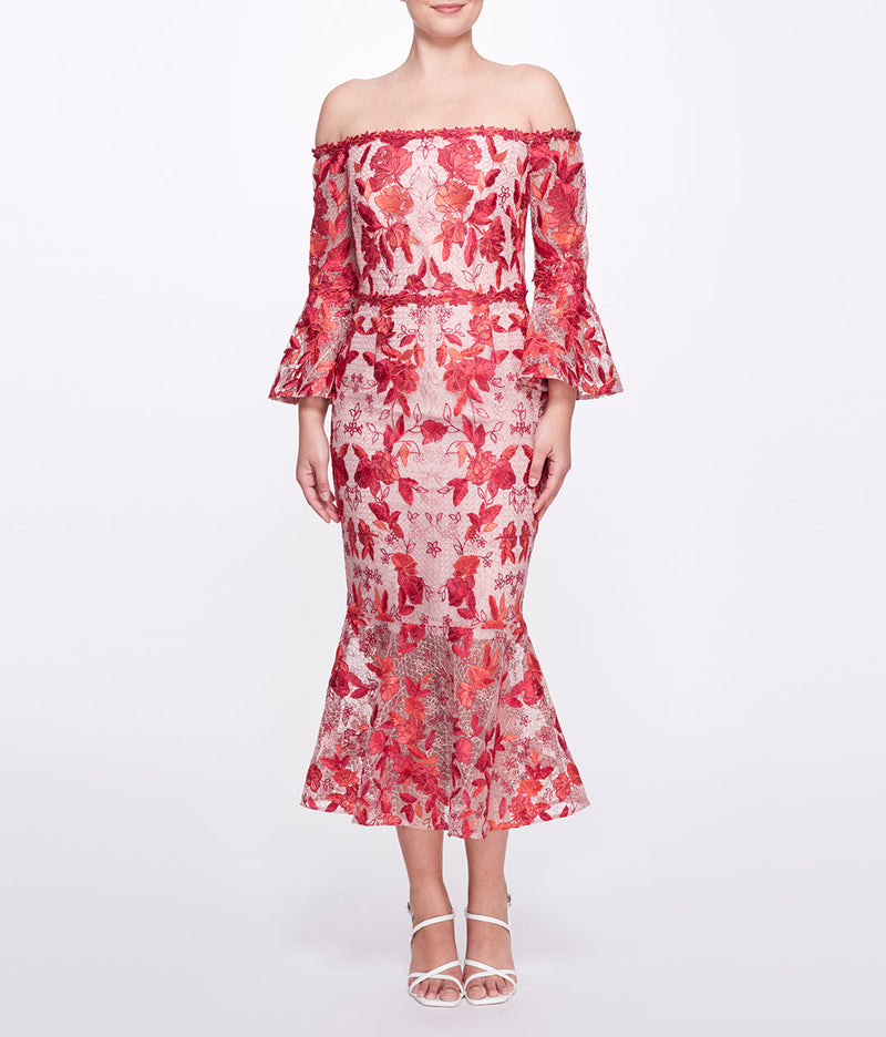 Embroidered Tulle Tea-Length Dress Marchesa