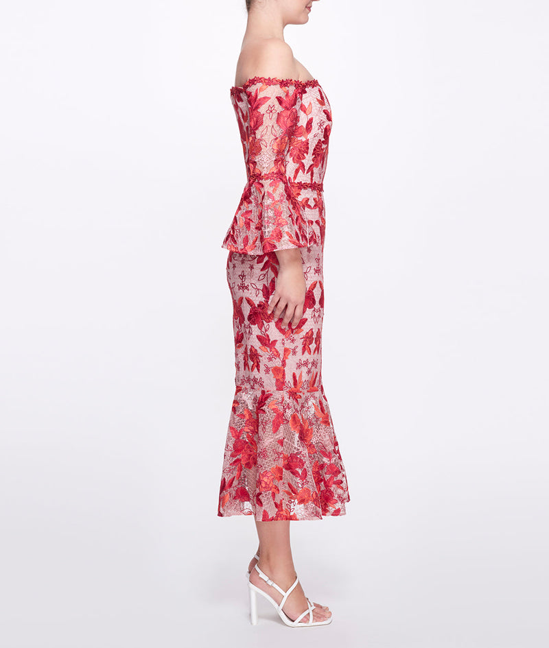 Embroidered Tulle Tea-Length Dress Marchesa