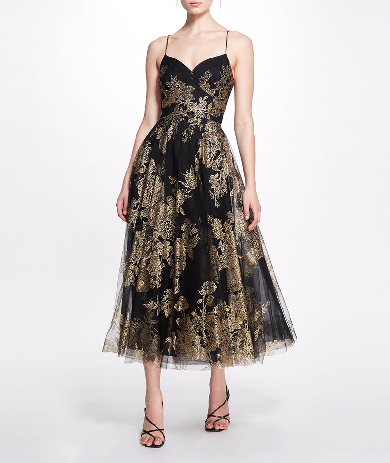 Floral Glitter Tulle Tea-Length Gown Marchesa
